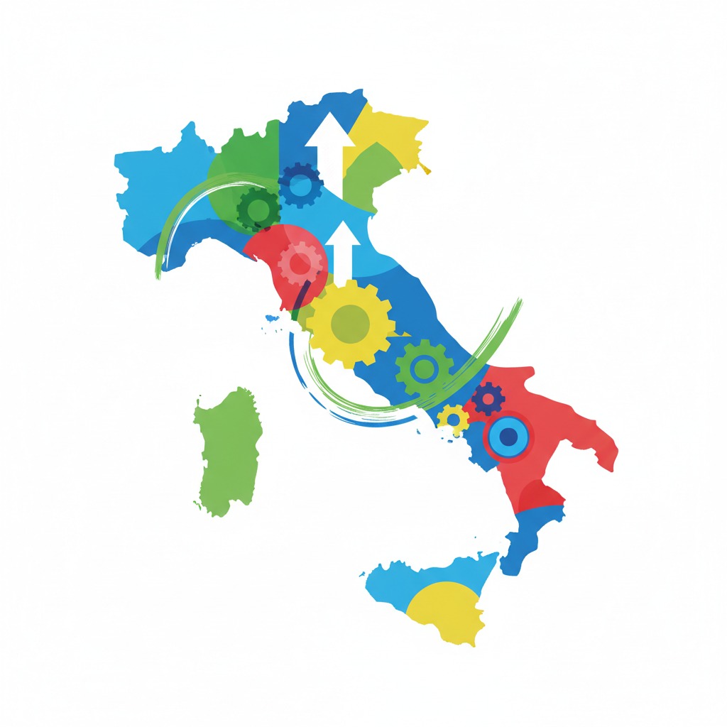 Mappa dell'Italia colorata e decorata con ingranaggi e frecce rivolte verso l'alto.
