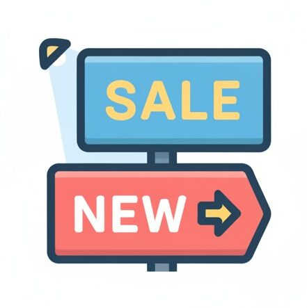 Un cartello stradale con due insegne sovrapposte, una blu con la scritta "SALE" e una rossa a forma di freccia con la scritta "NEW".