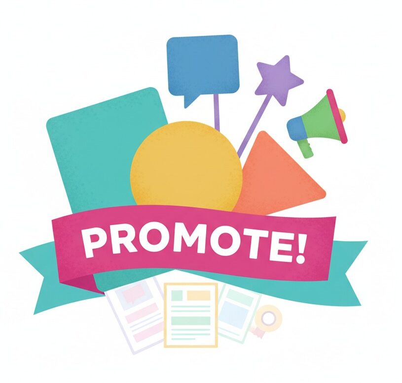 Illustrazione stilizzata con icone di marketing e comunicazione attorno a un nastro rosa con la scritta "PROMOTE!".