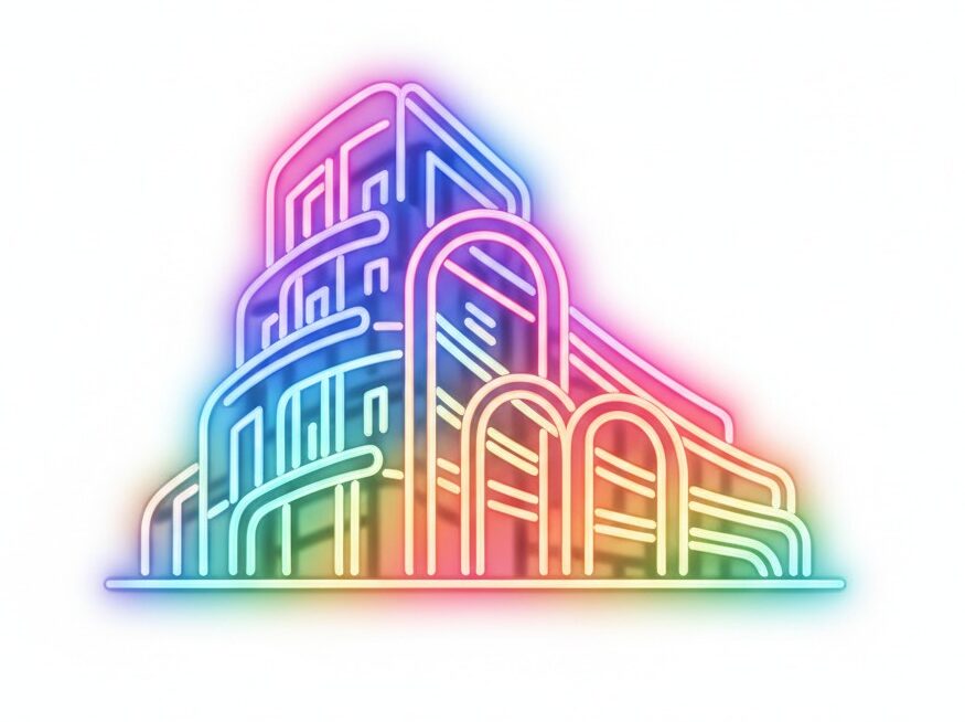 Un'insegna al neon colorata che raffigura un edificio moderno con linee curve su sfondo bianco.
