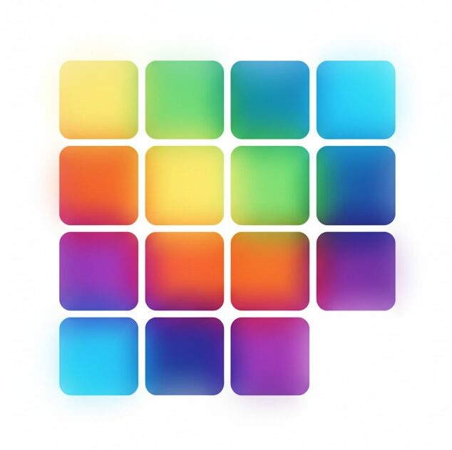 Una griglia di quindici tessere quadrate con angoli arrotondati e sfumature di colori iridescenti su sfondo bianco.