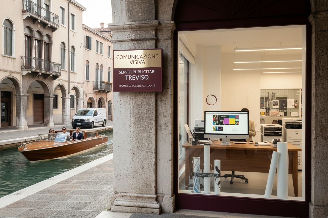 L'ingresso di un'agenzia di comunicazione visiva a Venezia, affacciato su un canale con un motoscafo in transito e con una scrivania con computer visibile attraverso la vetrina.