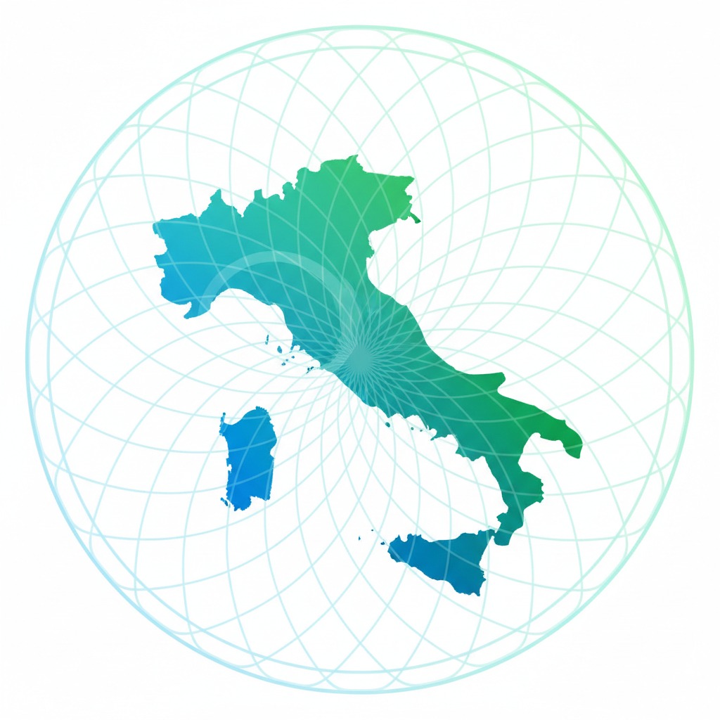 Una mappa stilizzata dell'Italia in sfumature di verde e azzurro, sovrapposta a un globo con linee di latitudine e longitudine.