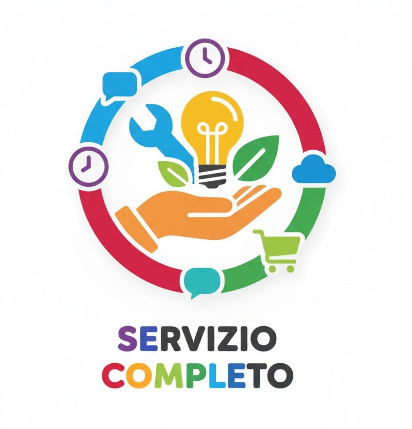 Un logo circolare colorato con icone di servizi e una mano al centro, sormontato dalla scritta "Servizio Completo".